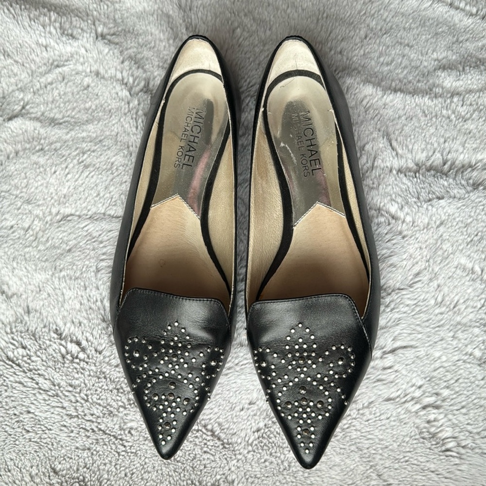 Michael Kors Women's Black Almond Toe Flat Shoes with Studded Design